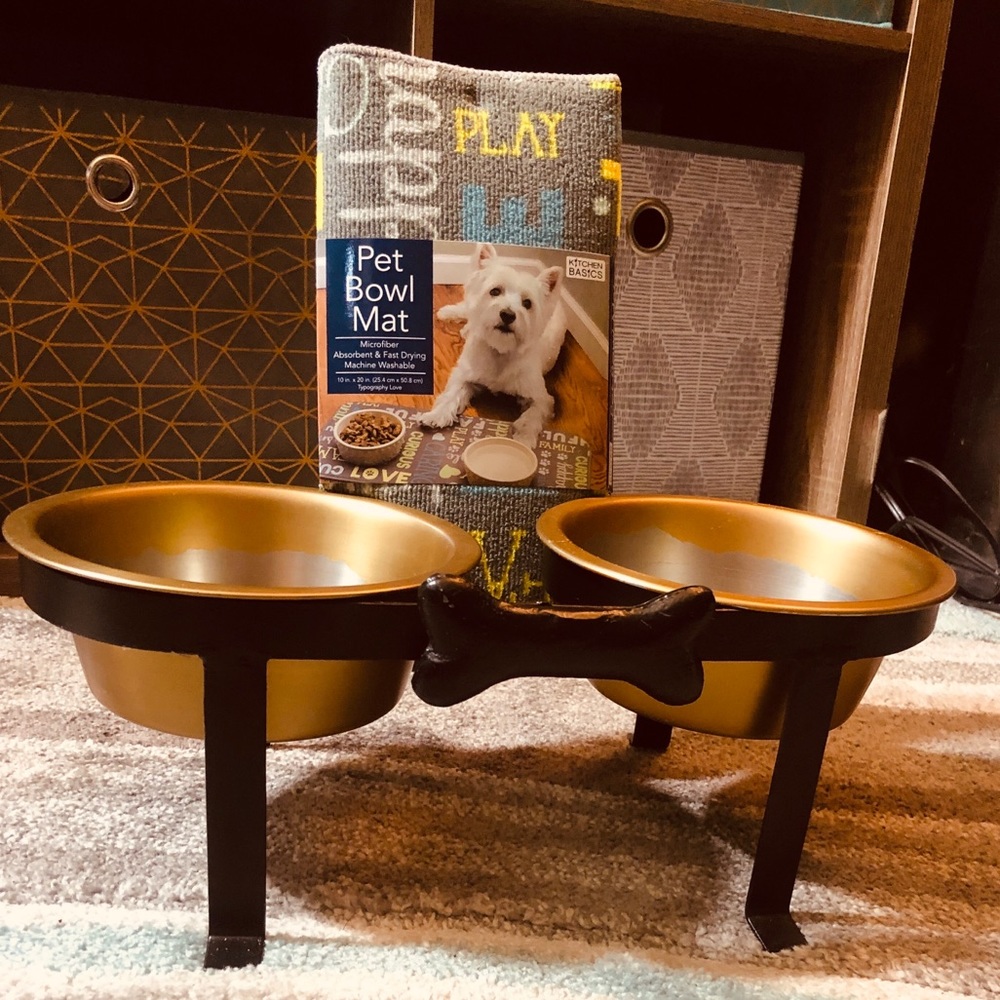 Raised food and water pet dish with spill mat